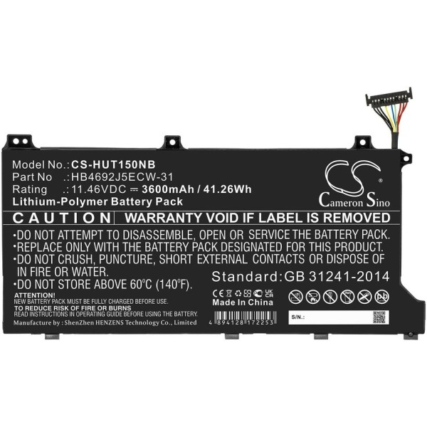 Baterie compatibila Laptop, Huawei, MateBook D15 BOHK-WAX9X, CS-HUT150NB, 3ICP5/62/81, HB4692J5ECW-31, 11.46V, 3600mAh, 41.26Wh