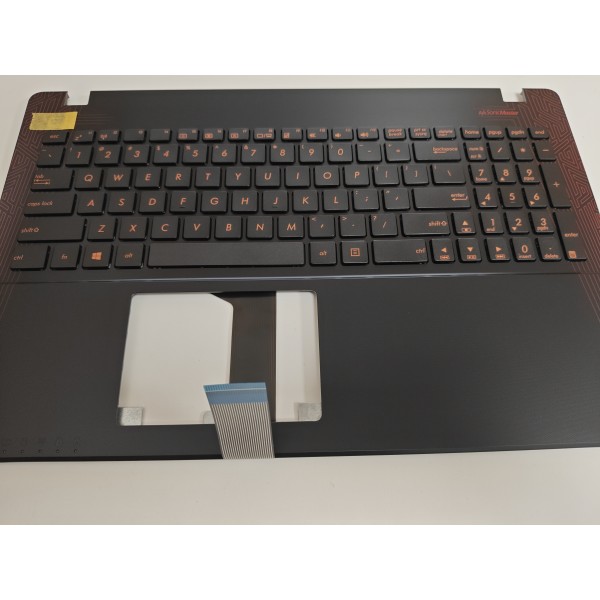 Carcasa superioara cu tastatura palmrest Laptop, Asus, K550I, K550IU, 90NB0BBJ-R31US3, 13NB067JAP0101, 13N0-REA0F01, 13NB067JP01016, negru cu portocaliu, layout US